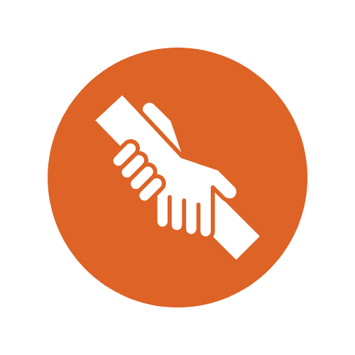 Icon of two hands clasping within an orange circle, symbolizing help or support.